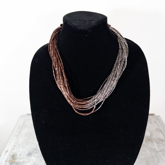 Brown Silver Beaded Multi Layer Chunky Statement Necklace - Picture 2 of 4